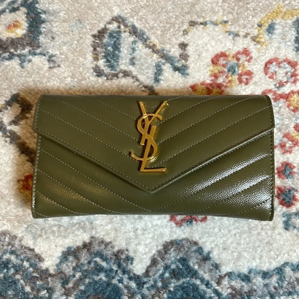 Saint Laurent Monogram Logo Leather Flap Wallet Vert Khaki